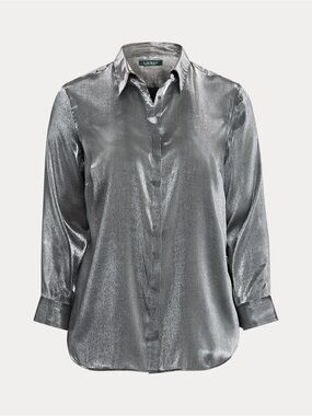 Lauren Ralph Lauren Silver Metallic Blouse Women’s L Button Front Top #A1-0012